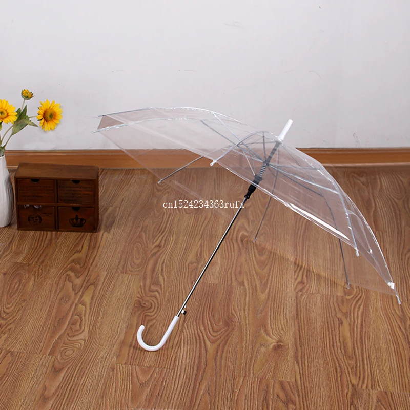 100pcs Transparent Women Umbrella Long Handle Girls Sunny Rainy Umbrellas Semi-automatic Portable Size Rain Gear