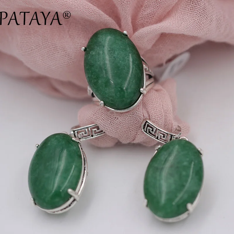 PATAYA New Unique Ancient Wipe Black Back Hollow Fashion Jewelry Set Fine Natural Tiger Stone Big Earrings Ring Set Wedding Sets