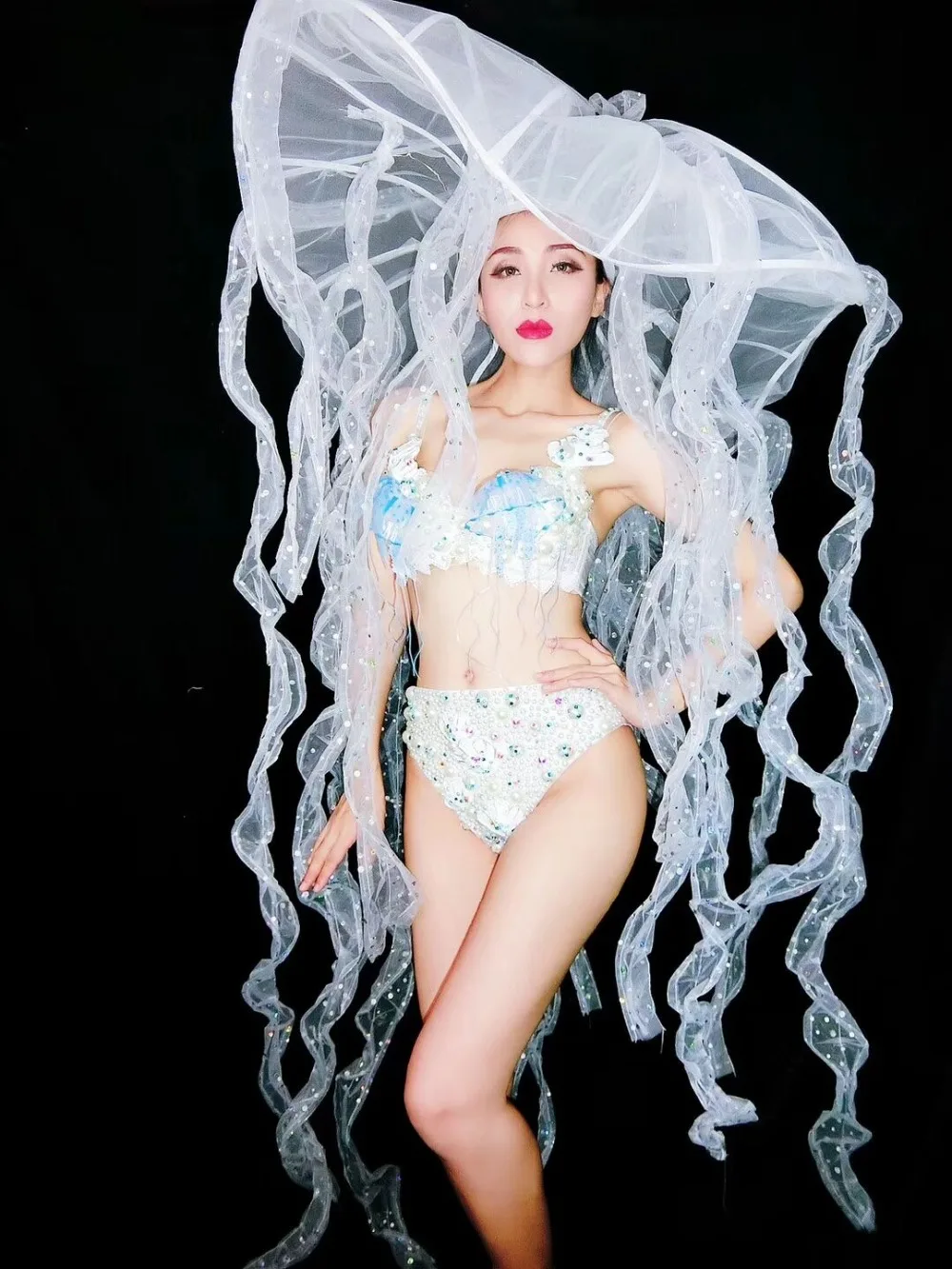 여성용 LED 비키니 진주 브라 세트와 큰 모자 DJ 의상 나이트클럽 바 여성 가수 댄서 DS 무대 의상 캣워크 댄스웨어