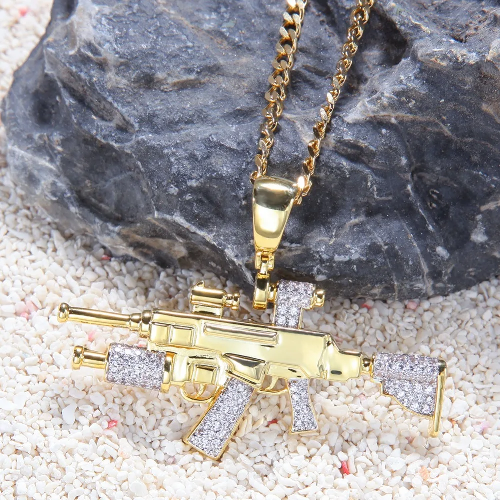 Hip Hop AAA CZ Stones Paved Bling Ice Out Sniper Rifle CS GO Gun Pendants Necklace for Men Rapper Jewelry Gold Color Gift