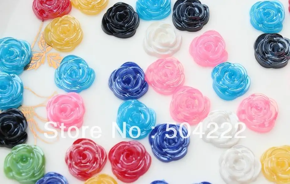 1000pcs of 13mm Shiny Acrylic rose flower Cabs cabochons Flatback assorted colors shiny glitter