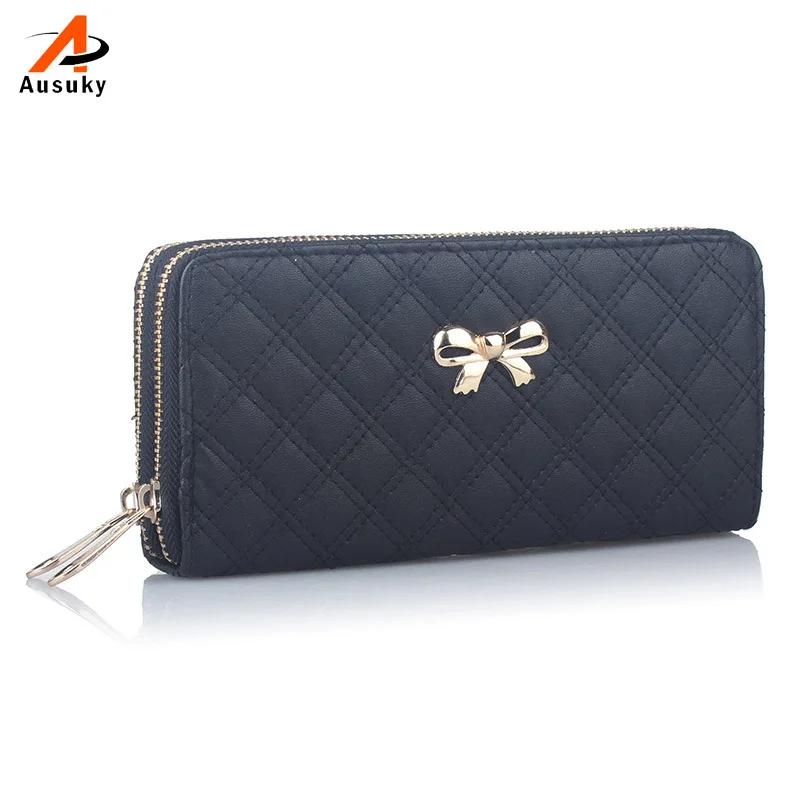 women bag  Women Design Bowknot Plaid Long Double Zip Clutch Leather Wallet Purse Coin Card Bag High Quality 19*9.5*4cm-15