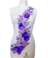 3D tridimensionale fiore ricamo viola patch di pizzo perline strass applique per abito da sposa 66*22cm