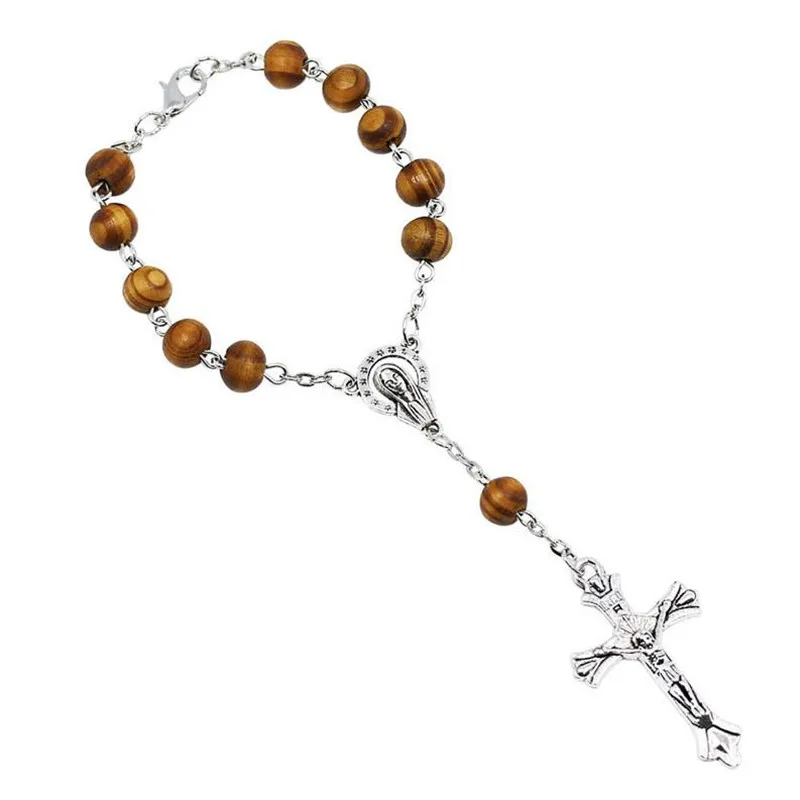 CR005 Round Wood Beads Catholic Rosary Strand Bracelet Unisex Marry Center Pope Rosary Prayer Bracelet Jewelry