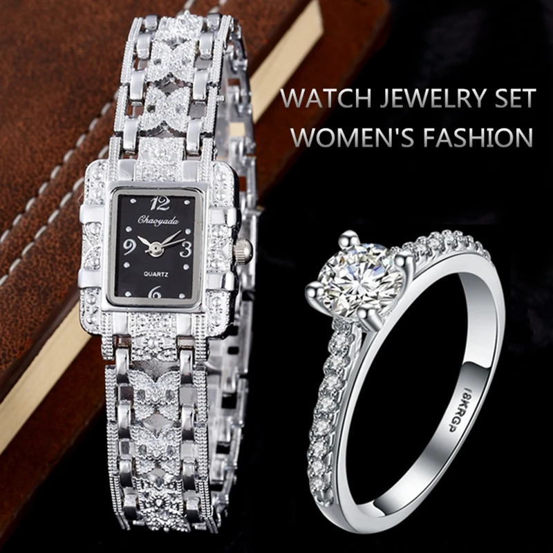 Luxury Women Watches 2025 Silver Chain Metal Bracelet Set Watch With Wedding Ring Square Rhinestone Quartz Wrist watch For Women