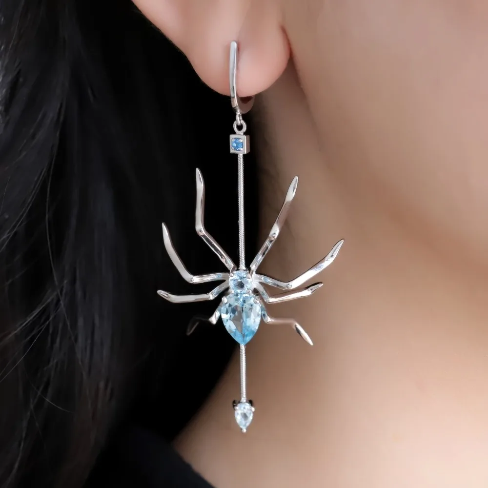 GEM\'S BALLET Natural Sky Blue Topaz Spider Earrings 925 Sterling Sliver Vintage Gothic Punk Drop Earrings For Women Fine Jewelry