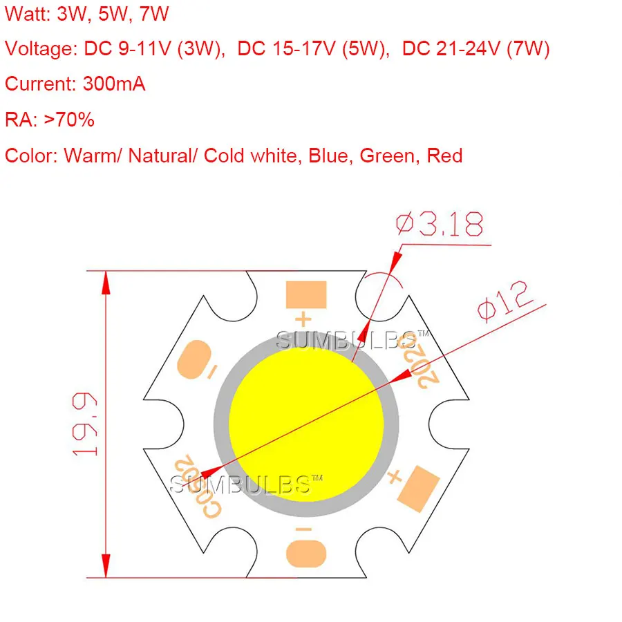 20pcs Circular COB Chip LED Light Source 2CM Diameter 3W 5W 7W Round LEDs Green Red Blue White Bulb for Spotlight Downlight Lamp