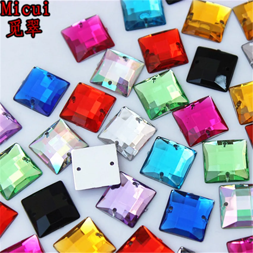 Micui 100PCS 12mm Square Crysta Rhinestone Sew On Acrylic Flat Back Crystals and Stones For Clothing Dress Decorations MC779