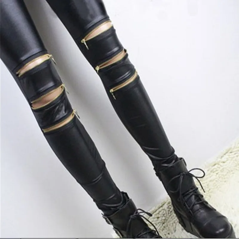 Zipper Punk Leggins Women Patterned Bandage Cool Girl Pants Leggings Leginsi Lacina Calca Black