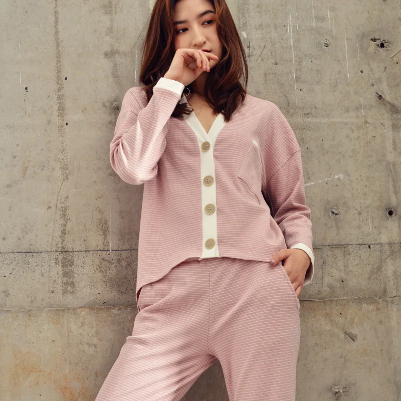 2019 Spring New Striped Home Wear V-Neck Pajama Set Knitted Cotton Women\'s Pajamas Leisure Long Sleeved Trousers Pyjamas Pj Set