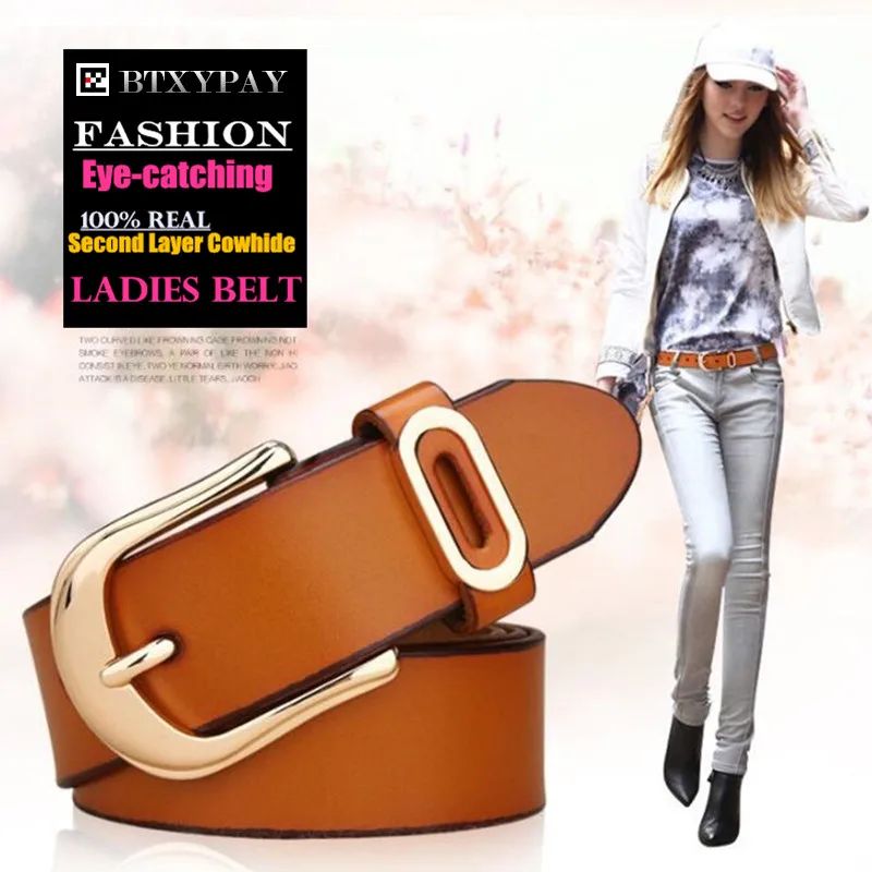 

High Quality 3.3cm Width 100% Real Second Layer Cowhide Women Belt Lady Pin Hole Split Leather Waist Belt ceintures Waistband