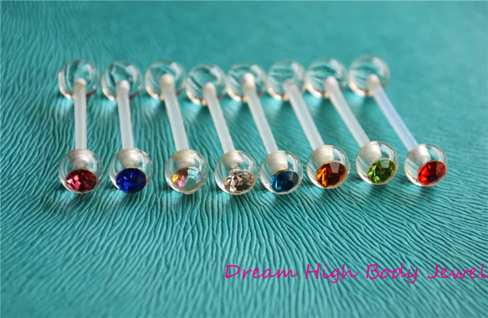 

60PCS Crystal Gem Body Jewellery ACRYLIC Piercing Ring Tongue Bar Bioflex 14G 16mm Mixed Colors Transparent Popular Flexible