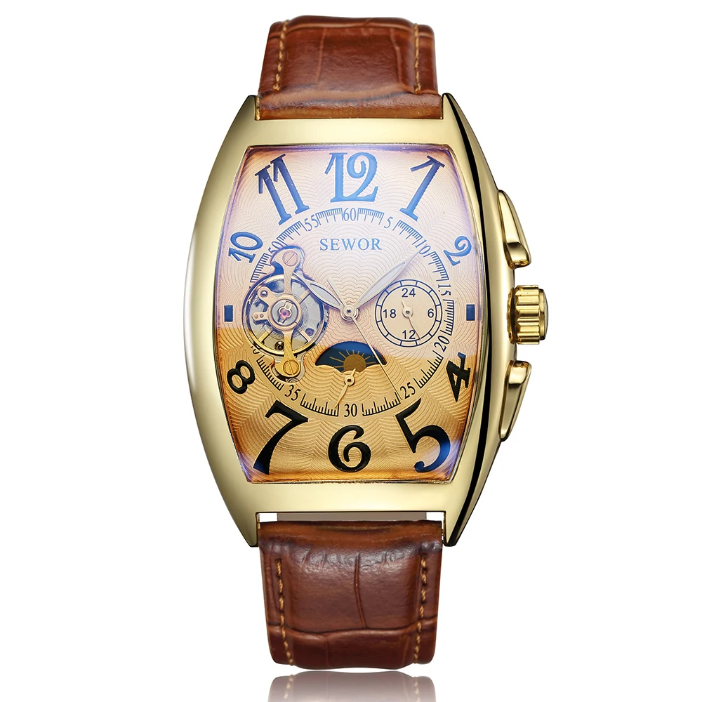 Luxury Automatic Mechanical Watches Men Moon Phase Skeleton Retro Self Winding Wristwatch Male Gold Case Clock Leather Watches