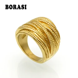 BORASI New Arrival Female Luxury Genuine Stainless Steel Jewelry Gold Color Multilayer Wedding Rings For Women