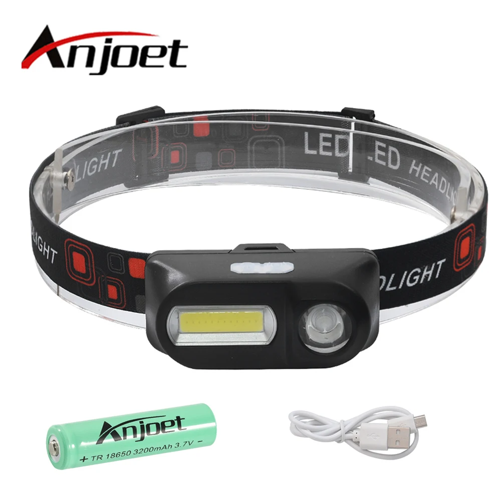 

Anjoet Mini COB LED Headlight Headlamp Head Lamp Flashlight USB Rechargeable 18650 Torch Camping Hiking Night Fishing Light