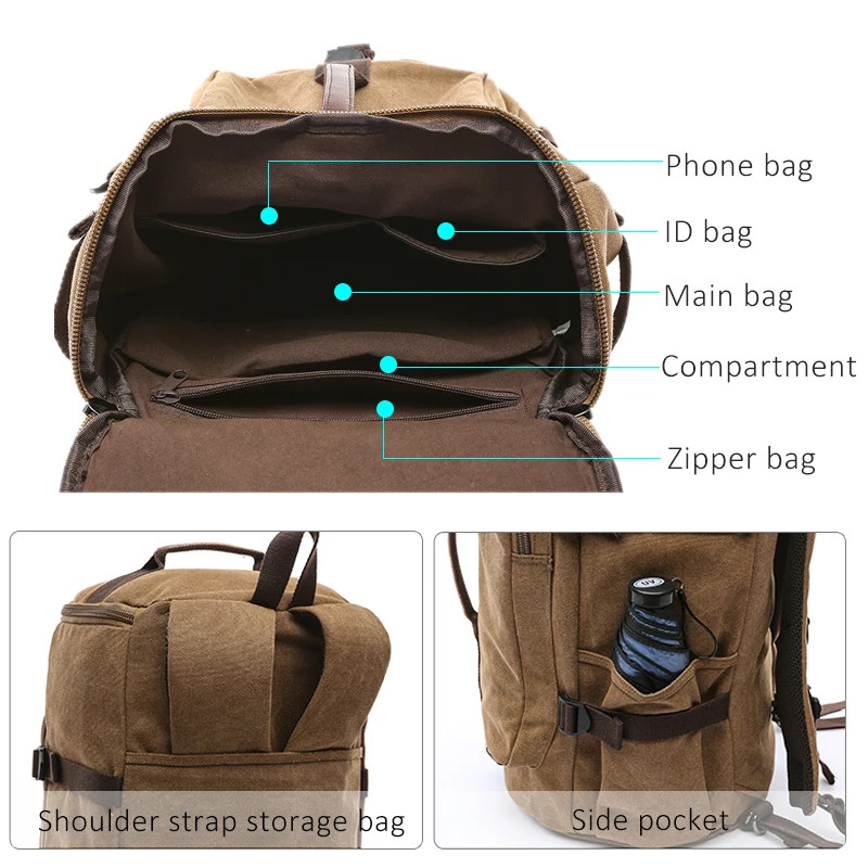 Cylinder Backpack Canvas Men Large Capacity Luggage Shoulder Bags Duffle Travel Waterproof Solid Leather Casual Case Duffel Bag