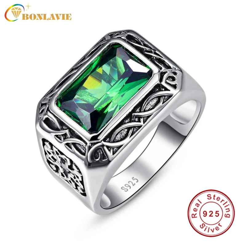 

BONLAVIE Fine 6.8Ct Emerald Men Ring Solid 925 Sterling Sliver Jewelry Engagement Wedding Ring For Men Size 6-14