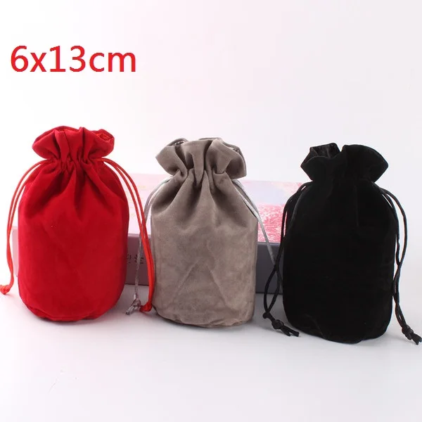 20 Pcs/lot 6x12.5cm Round Bottom Black/Gray/Red Velvet Drawstring Bags Jewelry Gift Packing Pouches With Satin Inside Logo Print