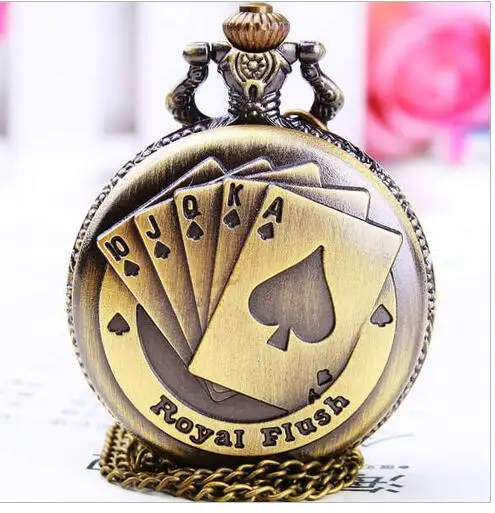 

Antique Bronze Royal Flush Poker Cards Pocket Watch Necklace Chain Gift PMK80