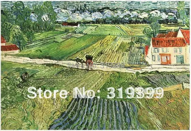 

Linen Canvas Oil Painting reproduction, Landscape with Carriage and Train in the Background by vincent van gogh,100% handmade