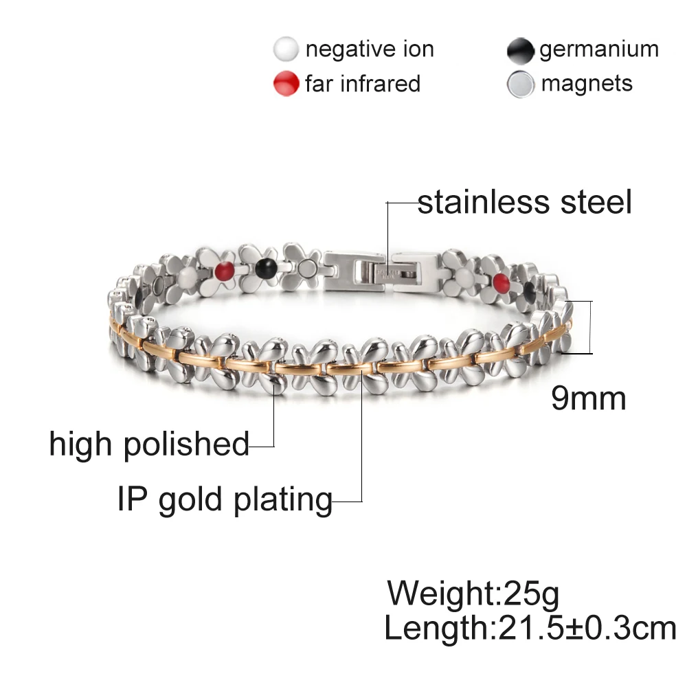 Vinterly Steel Magnetic Bracelet Women Chain Gold-color High Magnet Jewelry for Women Flower Energy Germanium Link 9mm Wide