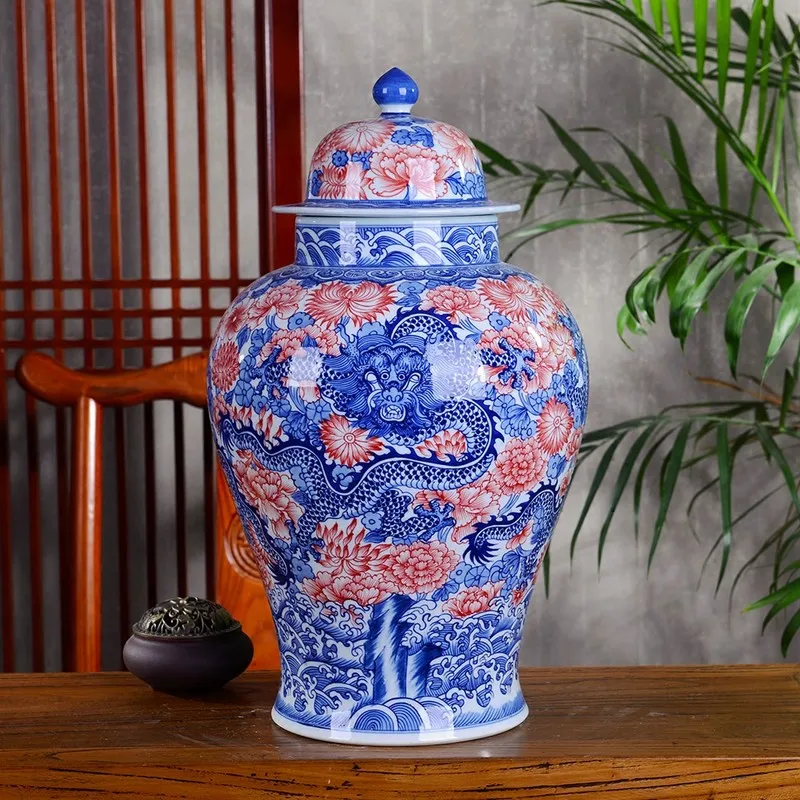 Jingdezhen Ceramic jar Ornaments Hand Painted Glaze Red Dragon And Phoenix Blue And White Porcelain Temple jar Large Chinese