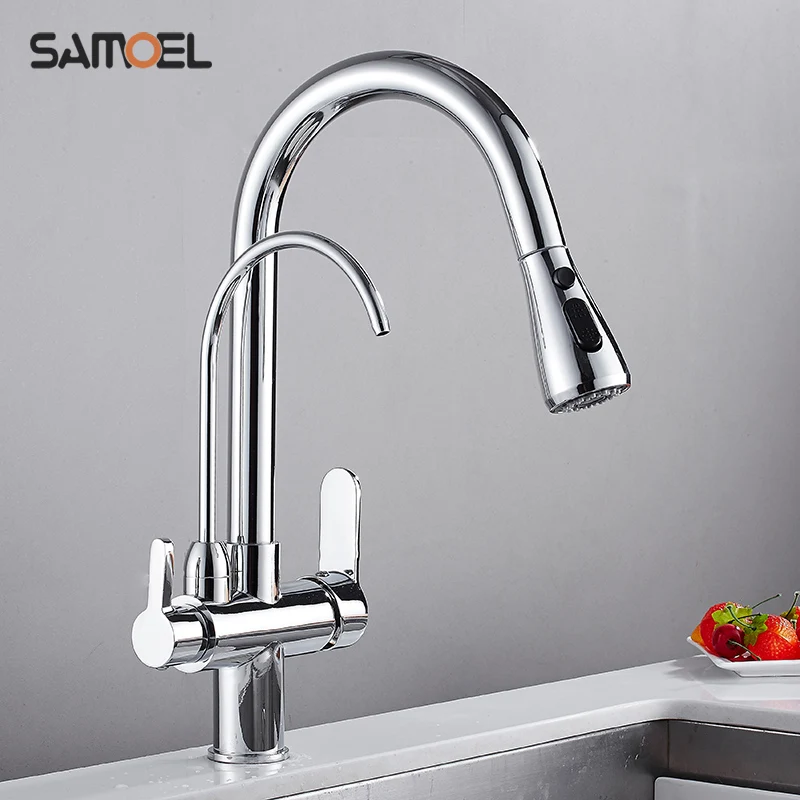 

Brass Kitchen Water Filter Mixer Taps Silver Chrome Finish Three Way Dual Handle Pull Out Sink Faucet B3322