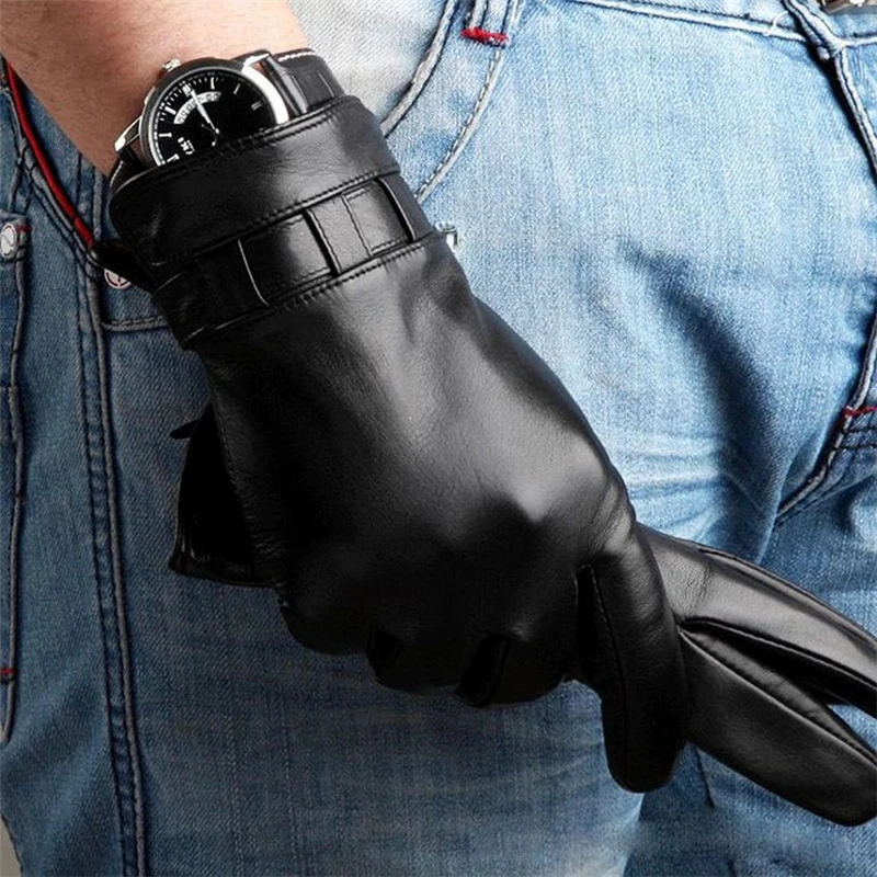 Men Genuine Leather Gloves Fashion Black Sheepskin Gloves Autumn Winter Plus Thermal Velvet Driving Gloves M012NC