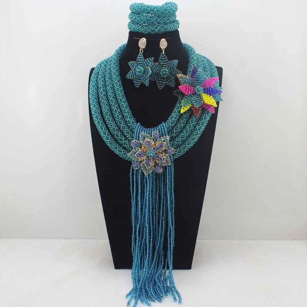 Graceful Peacock Blue African Crystal Beads Jewelry Sets Crystal Beads Falls Bridesmaid Necklace Set Gift Free Shipping W14032