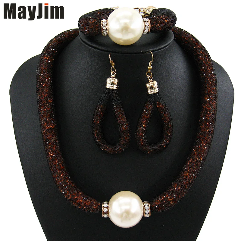 MayJim Fashion Women 2018 pearl jewelry sets Vintage big pearl Silk screen Crystal Necklaces & Pendant jewelry sets Accessories