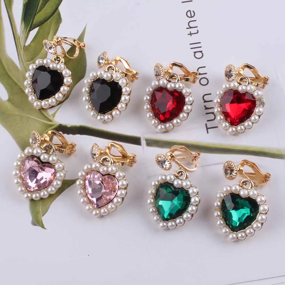 

JIOFREE 4 color New Korean Charm Pearl Love Heart Clip on Earrings for Women Fashion Earring Luxury Jewelry