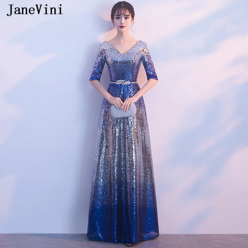 

JaneVini Elegant Gradient Blue A Line Long Prom Dresses 2019 V Neck Half Sleeves Sparkle Sequined Floor Length Prom Party Gowns