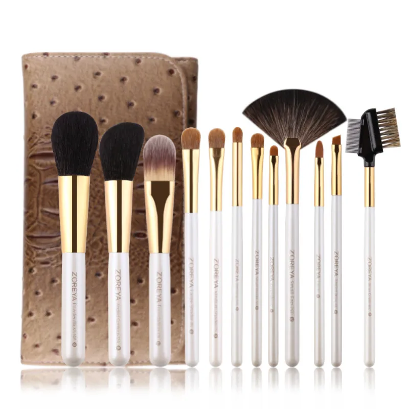 Zoreya Brand 12pcs Goat Hair Makeup Brush Set Soft Wool Fiber Cosmetic Kit Tools Animal Natural Concealer Blending Brushes  Bag