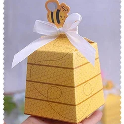 10pcs European Yellow Bee Favors Candy Boxes Gifts Box with White Ribbons Baby Shower Birthday Wedding Party Favor Decorations