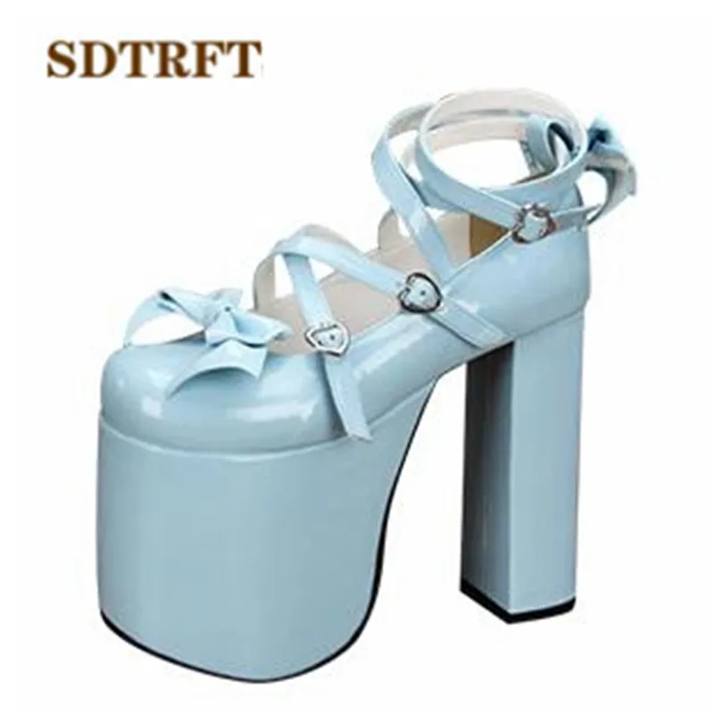 

SDTRFT Spring/Autumn Round Toe Shoes Woman Bowite Sweet Lolita 15cm Ultra High Thick Heels Queen Cross-Strap Pumps US13 14 15 16