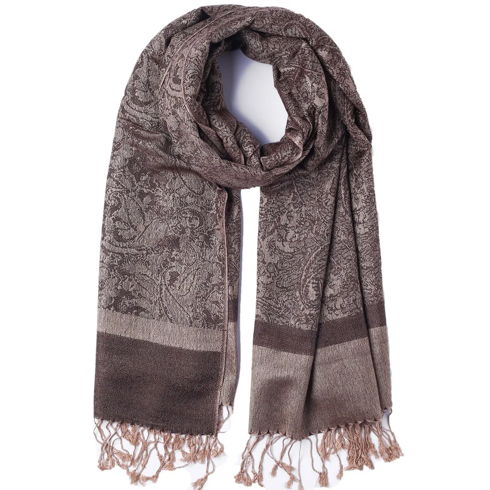 Winter Scarf Pashmina Silk Shawl Paisley Jacquard Autumn Warp Cashmere Long 2 Tones Soft High Quality Gift Brwon