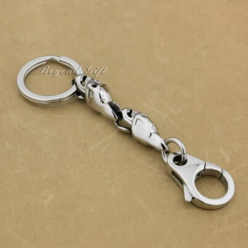 LINSION 316L Stainless Steel Mens Skulls KeyRing Biker Keychain 5T006KC Punk Jewelry