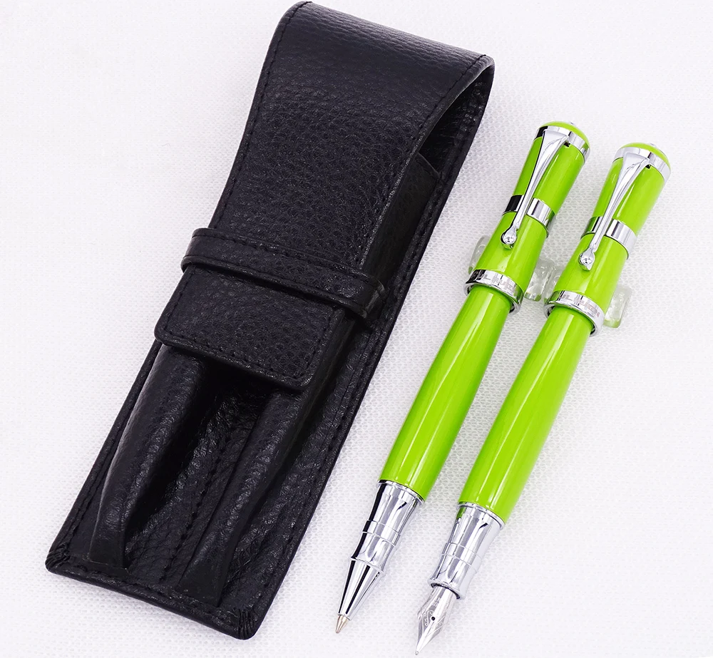 

Fuliwen 2051 Green Metal Fountain Pen & Roller Pen with Real Leather Pencil Case Bag Washed Cowhide Pen Case Holder Writing Set