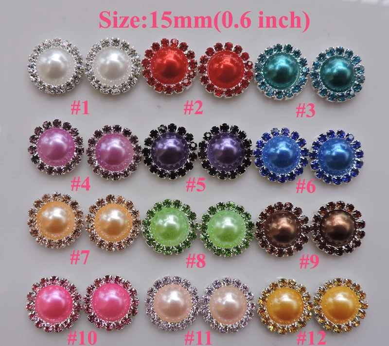 

Free Shipping Wholesale 15mm 120pcs/lot Colorful Flat Back Round Rhinestone Peal Button For Hair Flower Wedding Invitation