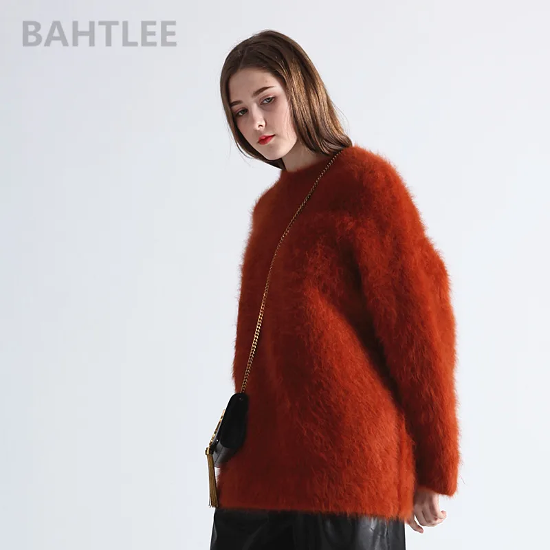 BAHTLEE-Women\'s Angora Knitted Pullovers, O-Neck Sweater, Mink Cashmere, Butterfly Sleeves, Very Thick, Keep Warm, Loose, Autumn