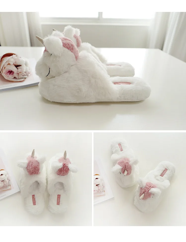 Kawaii Fluffy Unicorn Plush Slippers Cute Soft Stuffed Animal Home House Winter Slippers for Children Women Indoor Shoes Toys