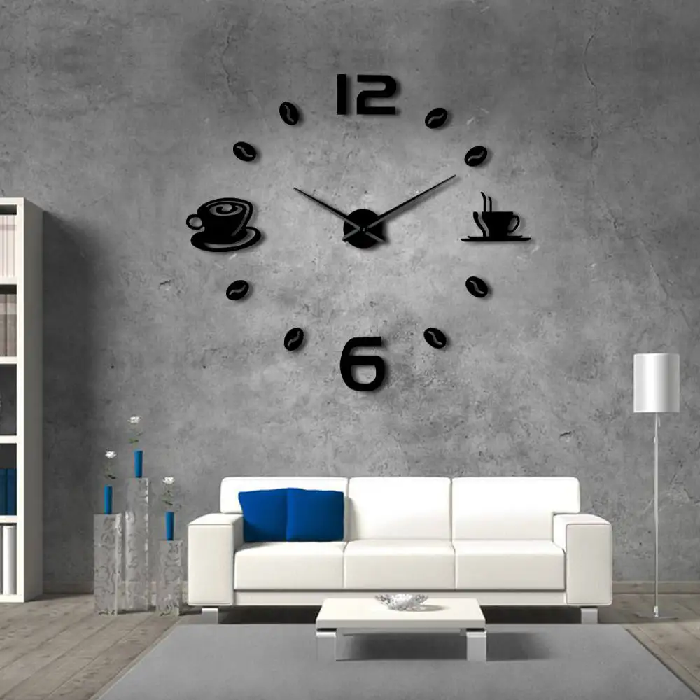 Cafe DIYS Silent  Large Wall Clock Frameless Wall Clock Modern Design Cafe Coffee Mug Coffee Bean Wall Decor Kitchen Wall Watch