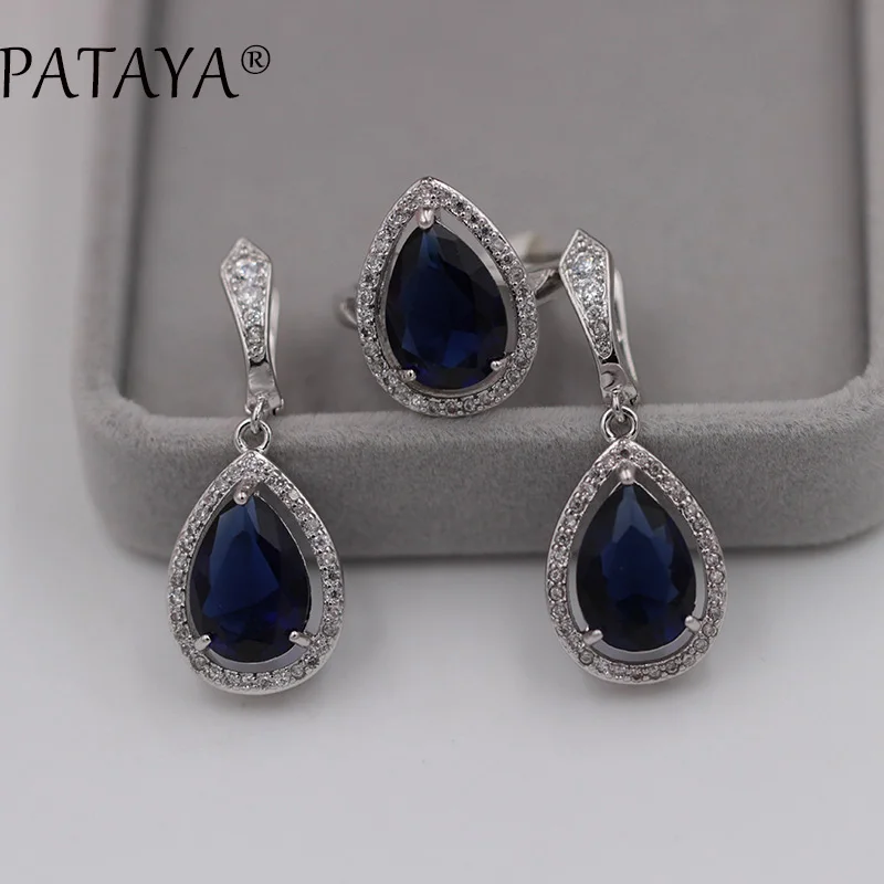 PATAYA True White Gold Color Jewelry Sets Green Water Drop Natural Zircon Earrings Ring Set Women Romantic Wedding Party Jewelry