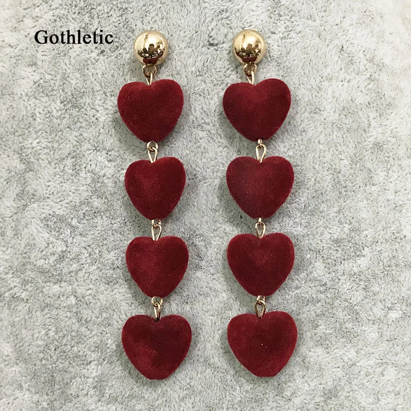 Gothletic Velvet Heart Earrings for Women 4 Love Hearts Long Dangling Earrings Burgundy Statement Earrings Fashion Jewelry