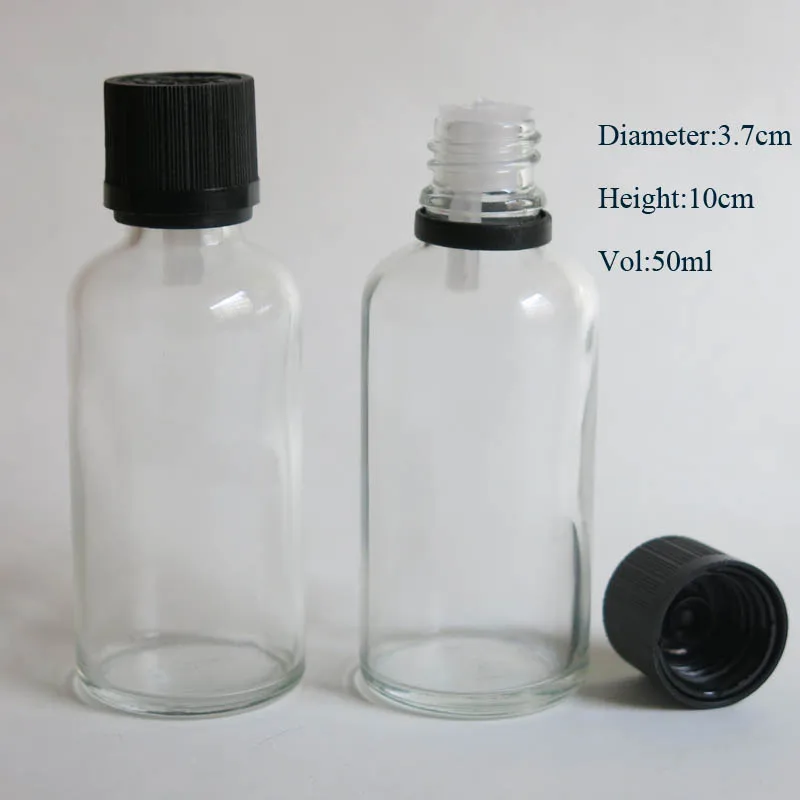 

wholesale 100pcs 50ml clear glass bottle with reducer dropper and tamper evident lid, 50ml glass clear essential oil bottle