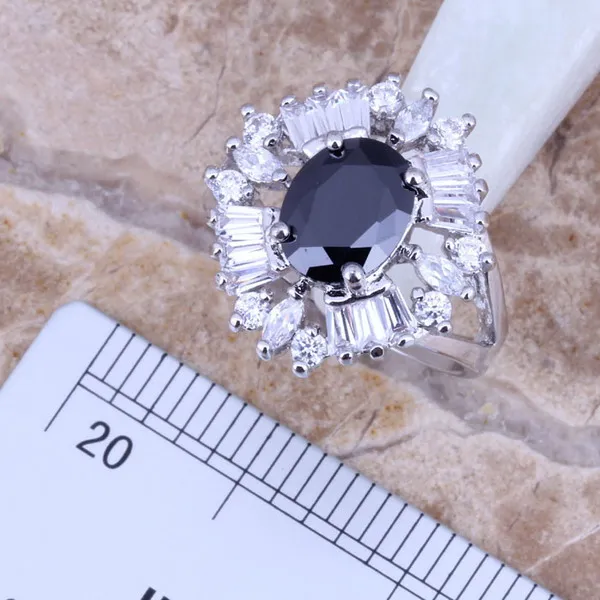 Black Cubic Zirconia White CZ Silver Plated Jewelry Sets Earrings Pendant Ring Size 5 / 6 / 7 / 8 / 9 / 10 S0026