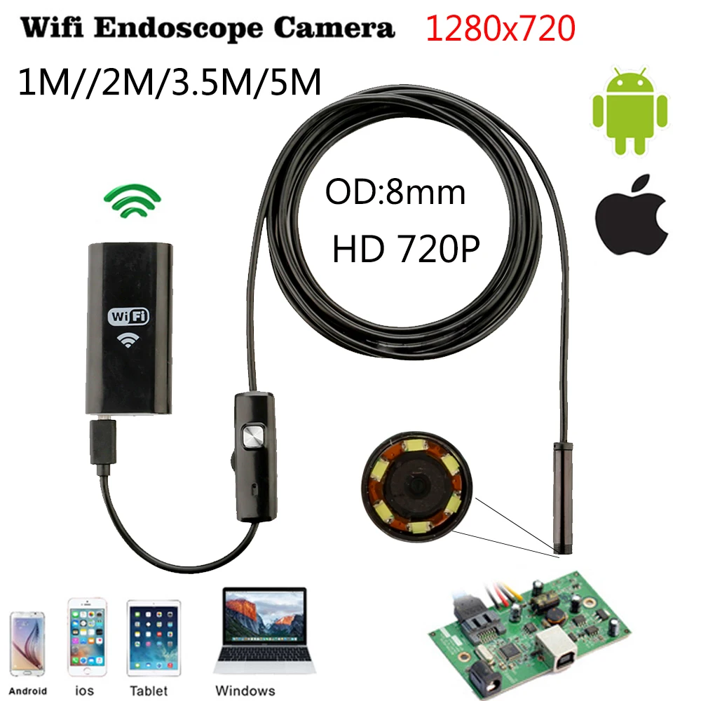 8mm 1m 2m 3.5m Wifi IOS  Endoscope Camera Borescope IP67 Waterproof Inspection For Iphone Endoscope Android PC HD IP Camera