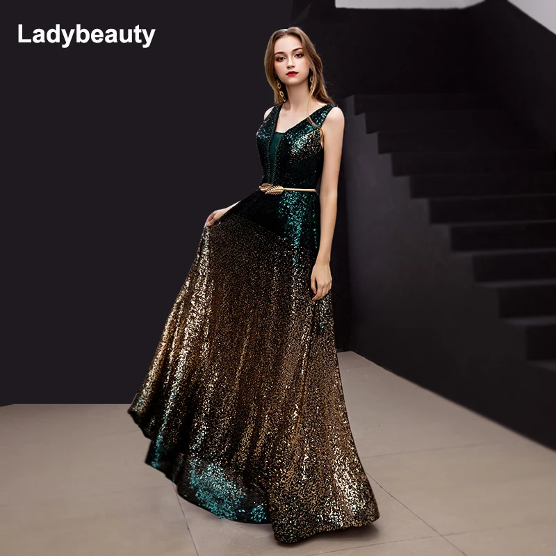 Ladybeauty 2019 Новое прибытие Градиент с блестками Вечернее платье с V-образным вырезом без рукавов Простые вечерние платья Длинные вечеринки в перспективе Dresse