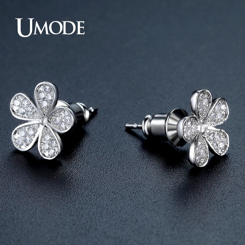 UMODE Cute Flower Shape Stud Earrings for Women White Gold Color Jewelry Fashion Blossom Boucle D\'oreille Femme Christmas UE0321