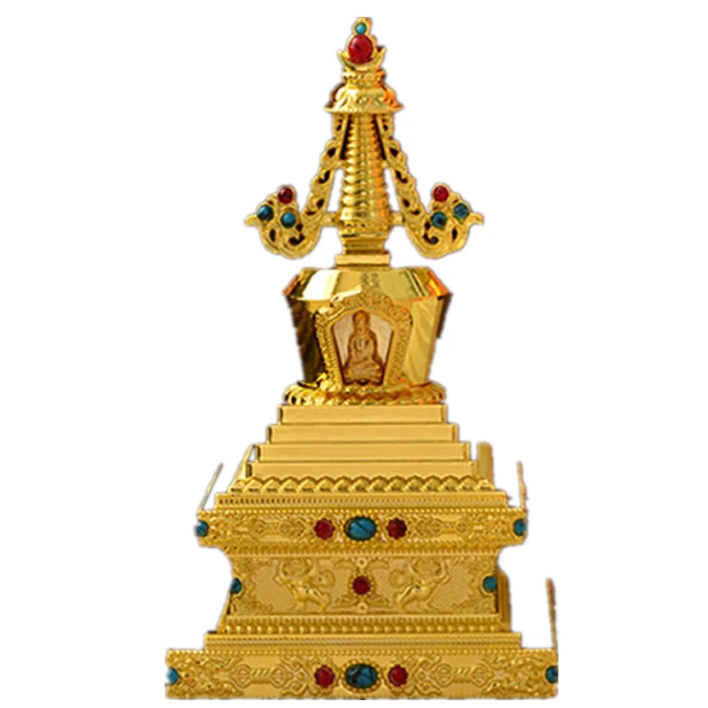 

Top Grade Buddhist Supplies Amazing Exquisite Carving Pattern Pearl Alloy Eight Pagodas of Buddha Sakyamuni Stupa Bodhi Pagoda